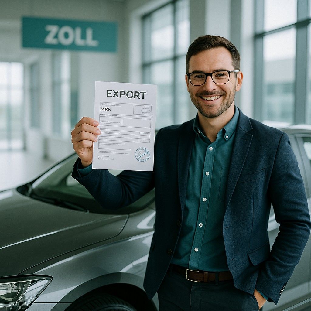 Homme souriant en tenue professionnelle devant un véhicule dans un bureau de douane, tenant un document d’exportation avec numéro MRN – symbole d’un enregistrement d’exportation réussi.