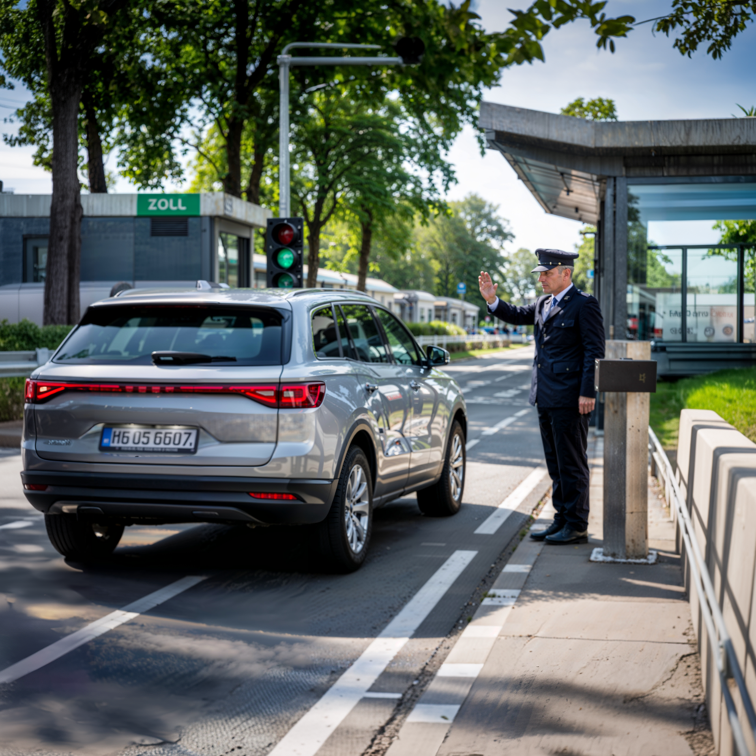 SUV argenté avec plaque allemande passant une barrière de douane ouverte sous le regard d’un agent – symbole d’une exportation fluide et réussie.